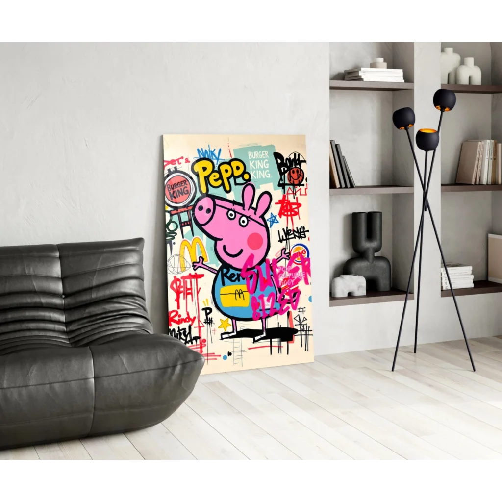 Vibrant Peppa Pig graffiti canvas wall art in bold pink blue hues