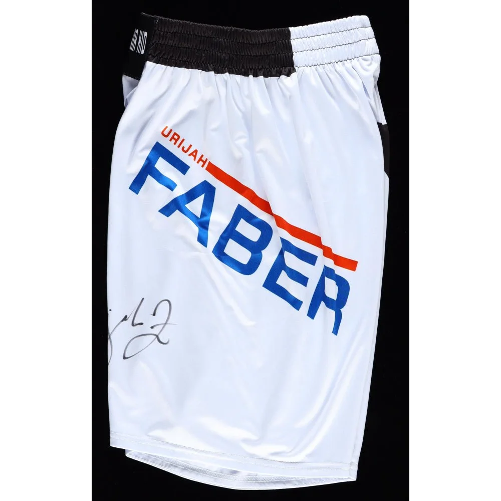 White Urijah Faber WEC Featherweight Championship signed MMA boxing shorts with blue and red lettering