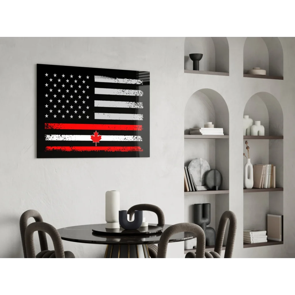 Canadian American flag wall art with black frame, red maple leaf