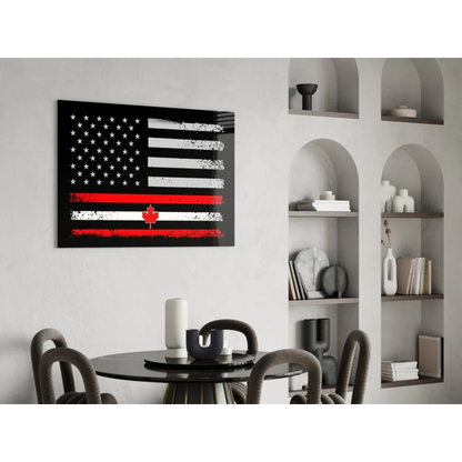 Canadian American flag wall art with black frame, red maple leaf