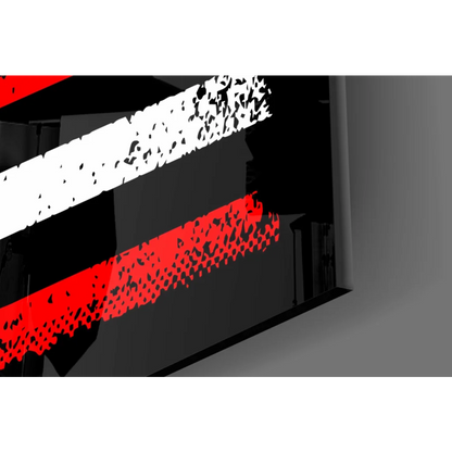 Sleek Canadian American flag wall art in bold red white stripes on black canvas