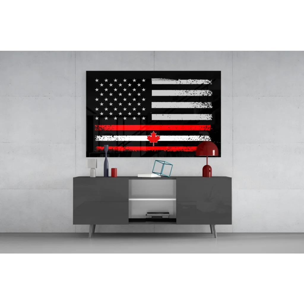 Distressed black and white Canadian American flag wall art with red thin line and maple leaf