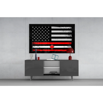 Distressed black and white Canadian American flag wall art with red thin line and maple leaf