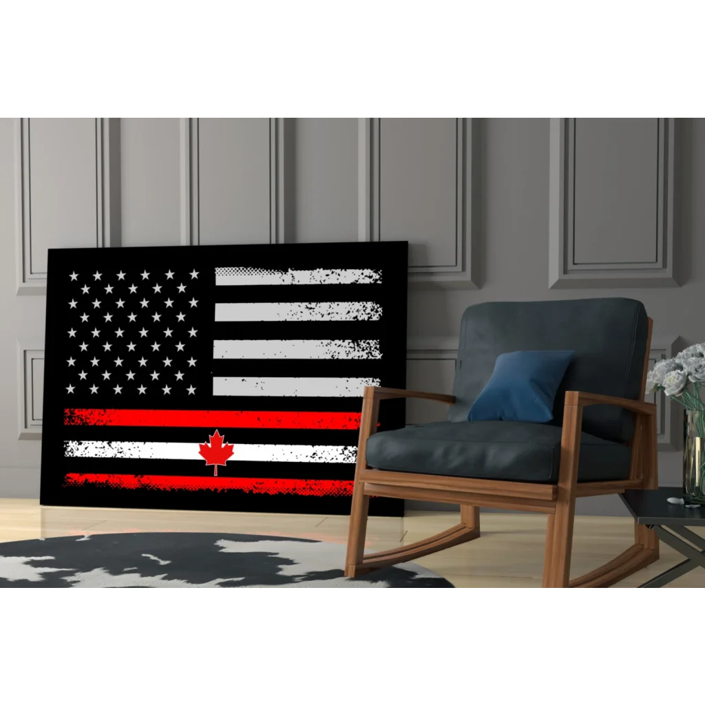 Distressed American flag canvas wall art with red stripe and maple leaf in black frame