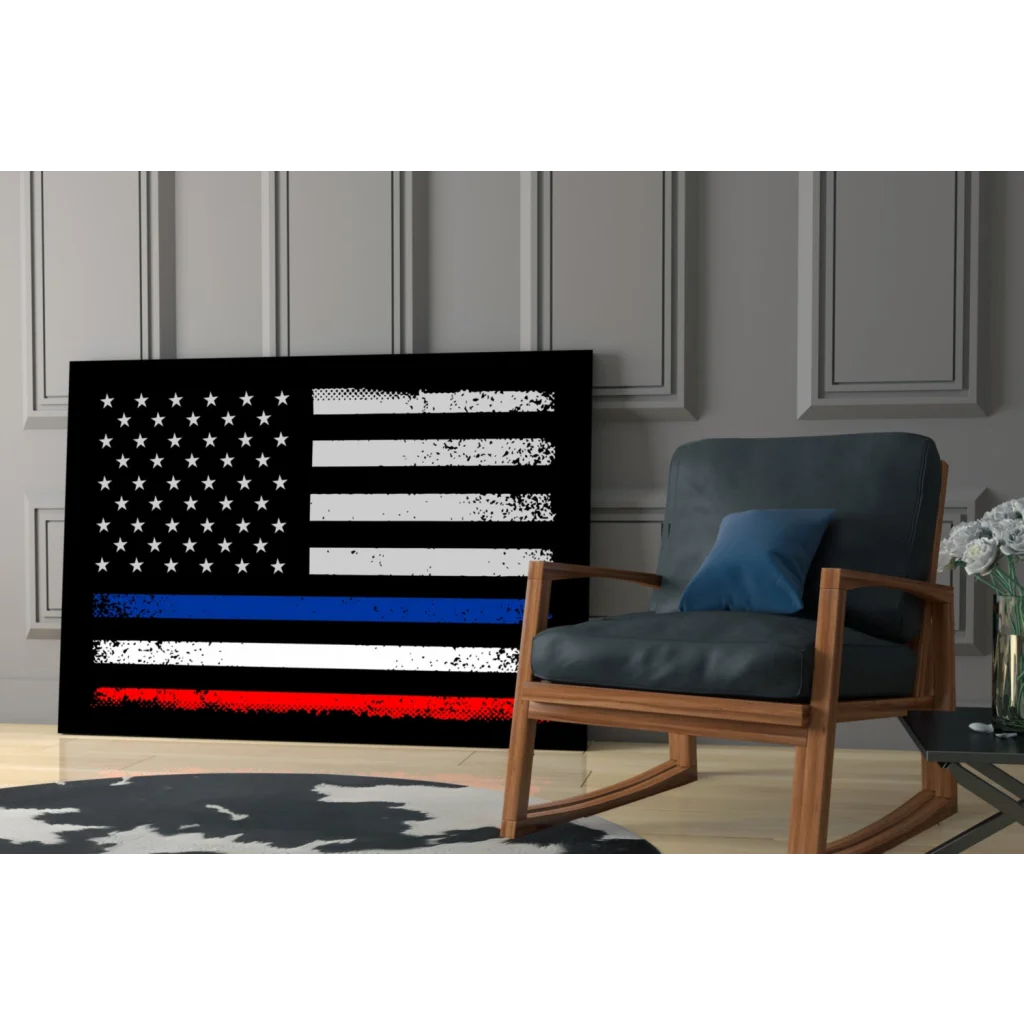 Distressed American flag wall art canvas with bold blue line