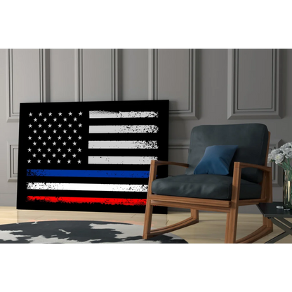 Distressed American flag wall art canvas with bold blue line