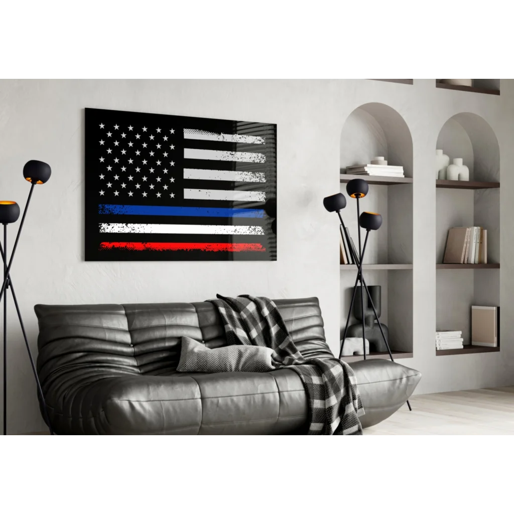 Distressed black American flag wall art canvas with thin blue line