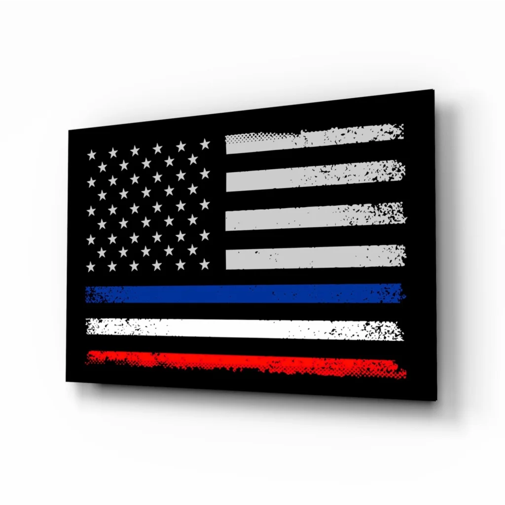 Distressed American flag wall art canvas print with blue line