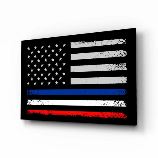 Distressed American flag wall art canvas print with blue line
