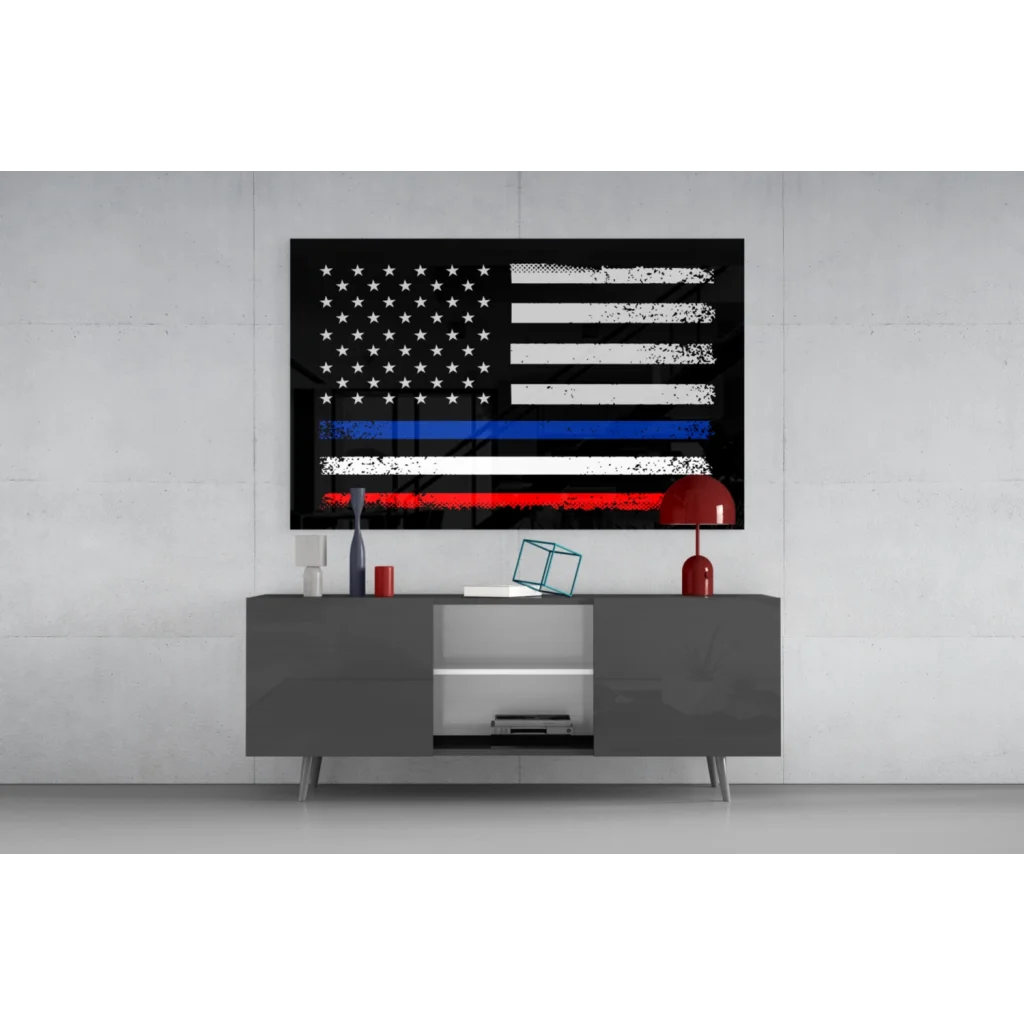 Distressed American flag wall art with blue line on canvas