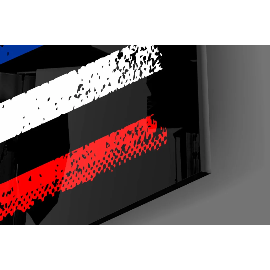 Distressed American flag glass wall art with red white stripes on dark background