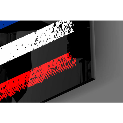 Distressed American flag glass wall art with red white stripes on dark background