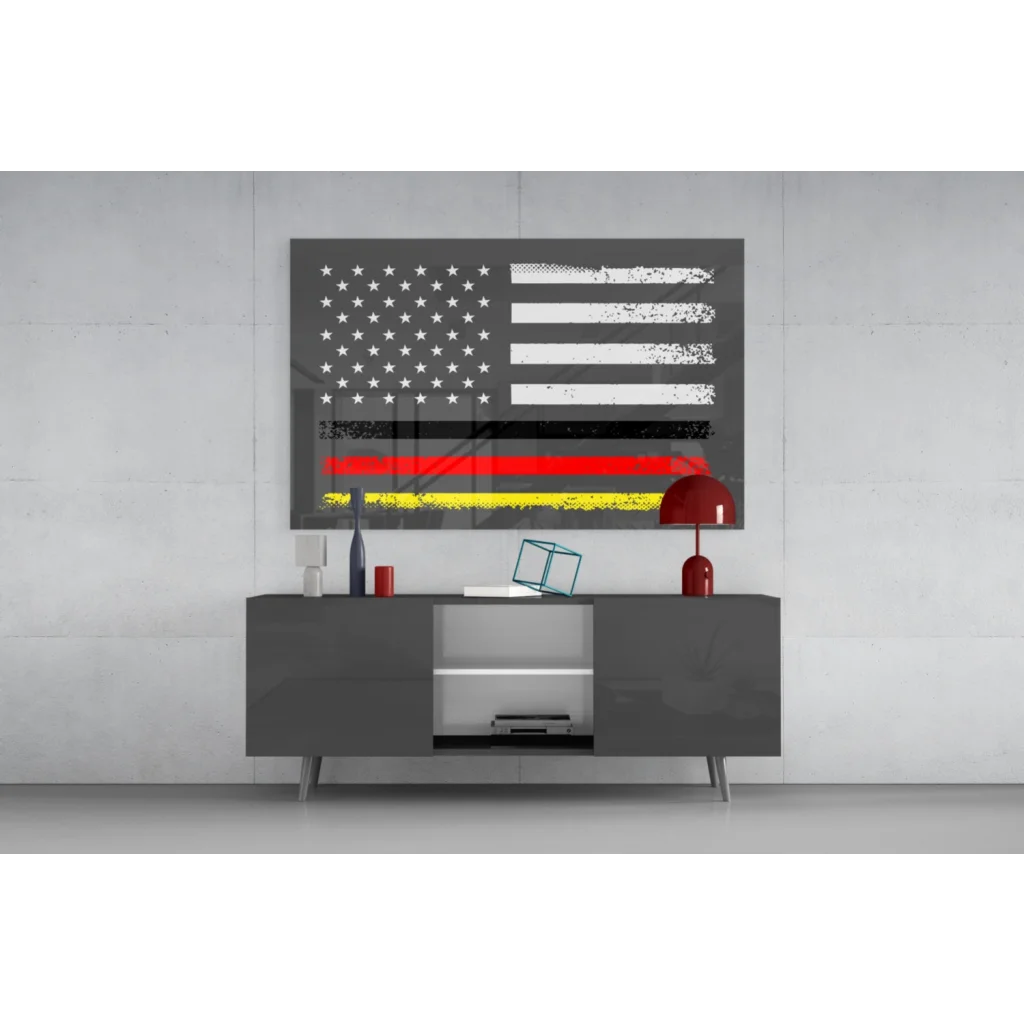Distressed American flag canvas wall art with bold red, black, yellow stripes
