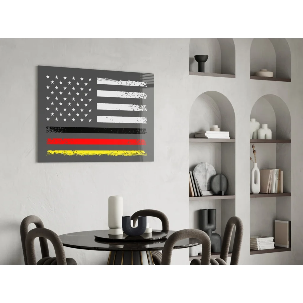 Distressed American flag canvas wall art with bold red yellow stripes