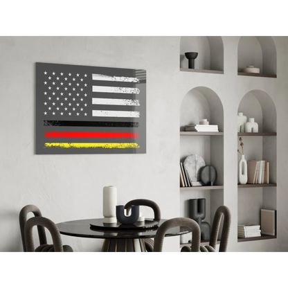Distressed American flag canvas wall art with bold red yellow stripes