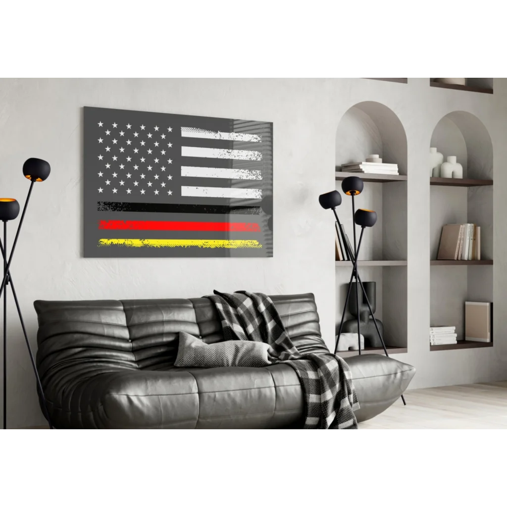 Distressed American flag canvas wall art with bold red yellow stripes