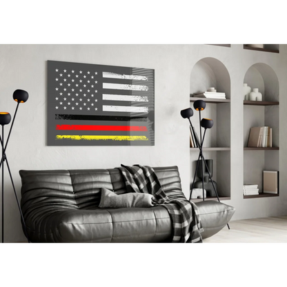 Distressed American flag canvas wall art with bold red yellow stripes