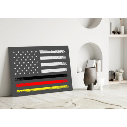 Distressed American flag canvas wall art with bold red yellow black stripes