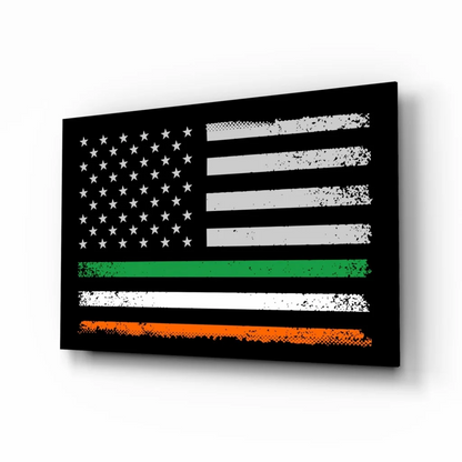 Distressed Irish American flag canvas wall art with tricolor stripes