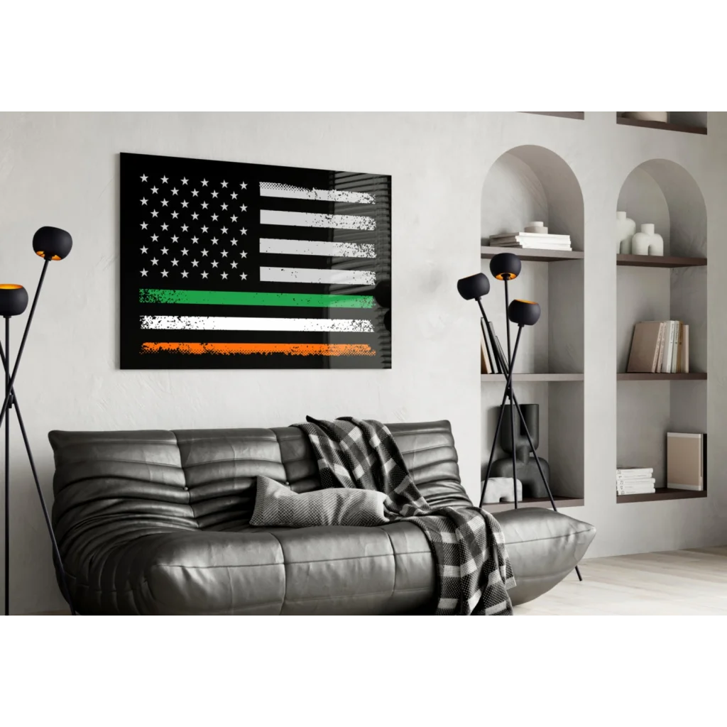 Irish American flag wall art with distressed black frame and Irish tricolor stripes