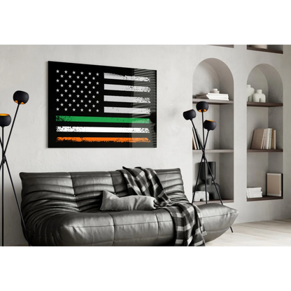 Irish American flag wall art with distressed black frame and Irish tricolor stripes