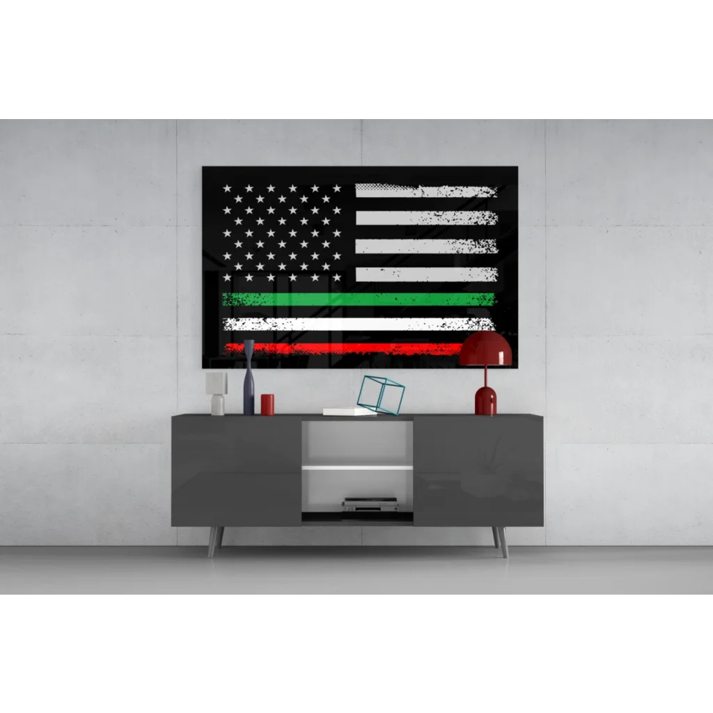 Distressed American flag wall art with black frame and tri-color stripe
