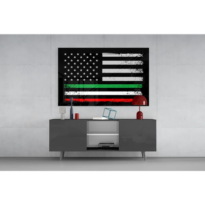 Distressed American flag wall art with black frame and tri-color stripe