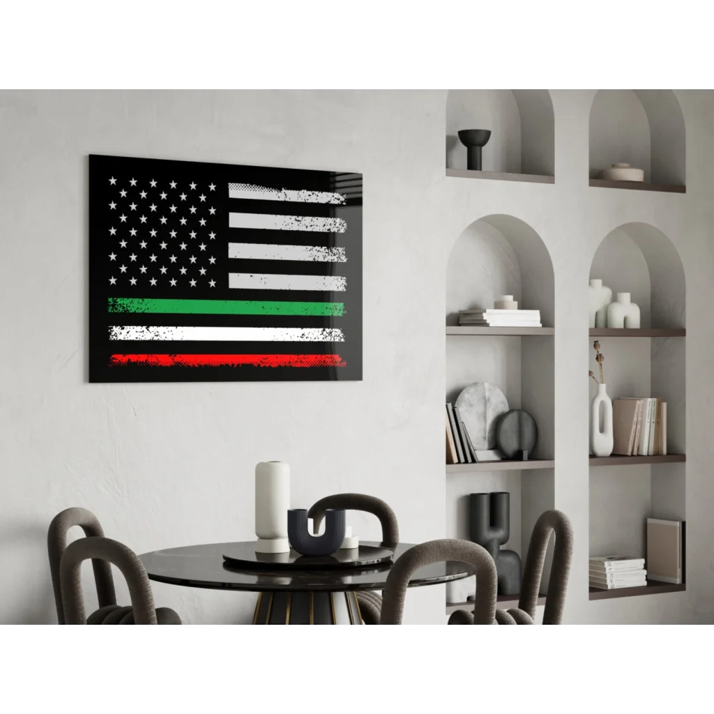 Distressed American flag wall art with tri-color thin lines
