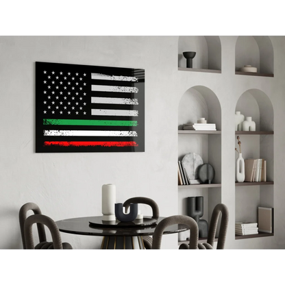 Distressed American flag wall art with tri-color thin lines