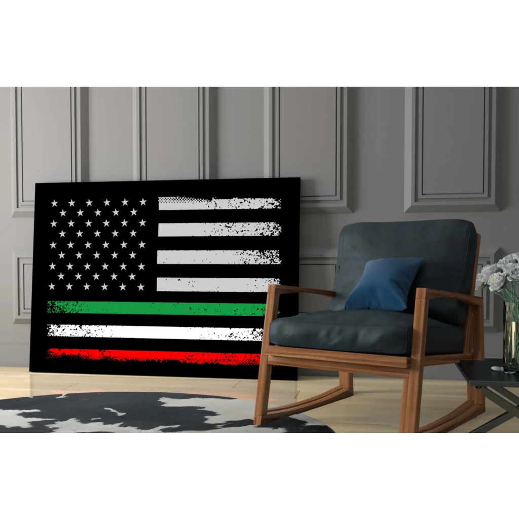 Distressed American flag canvas wall art with firefighter tri-color stripes