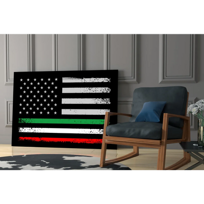 Distressed American flag canvas wall art with firefighter tri-color stripes