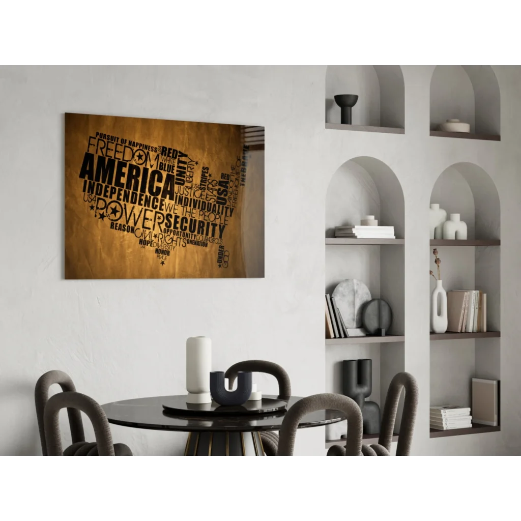 Patriotic America word cloud glass wall art with bold map typography