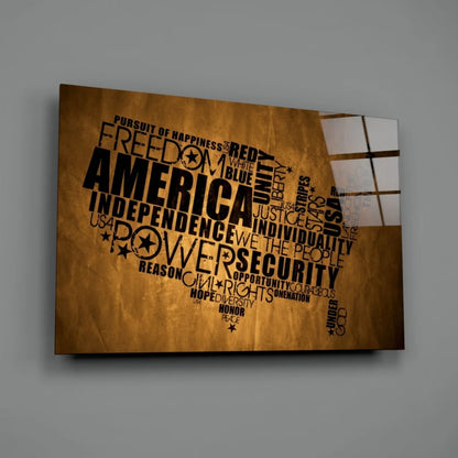 Patriotic America word cloud on brown textured glass wall art