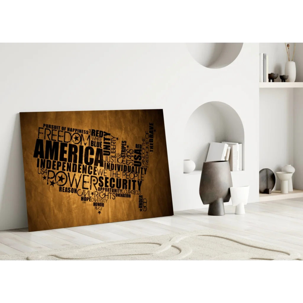Patriotic America word cloud glass wall art with freedom typography