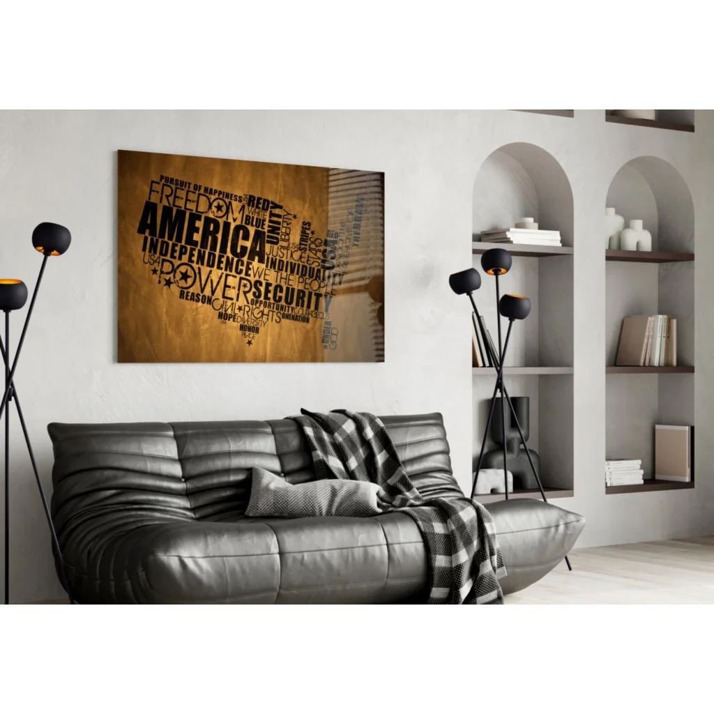 Patriotic America word cloud glass wall art with bold typography