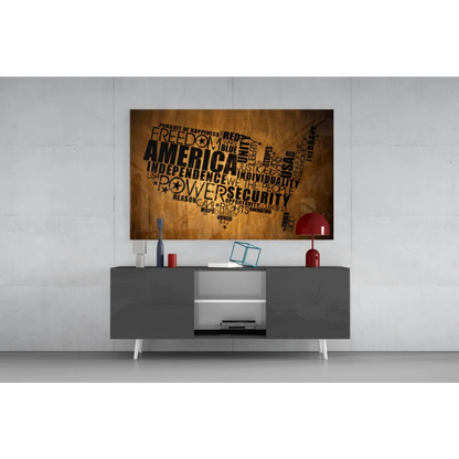 Patriotic America word cloud glass wall art with bold black red map typography