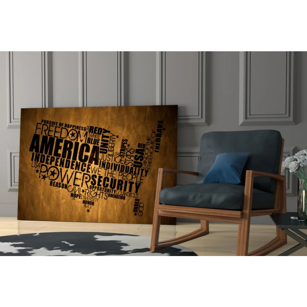 Patriotic America word cloud glass wall art with US map and freedom text