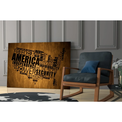 Patriotic America word cloud glass wall art with US map and freedom text