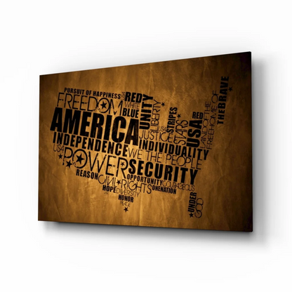 Patriotic America word cloud glass wall art on textured canvas