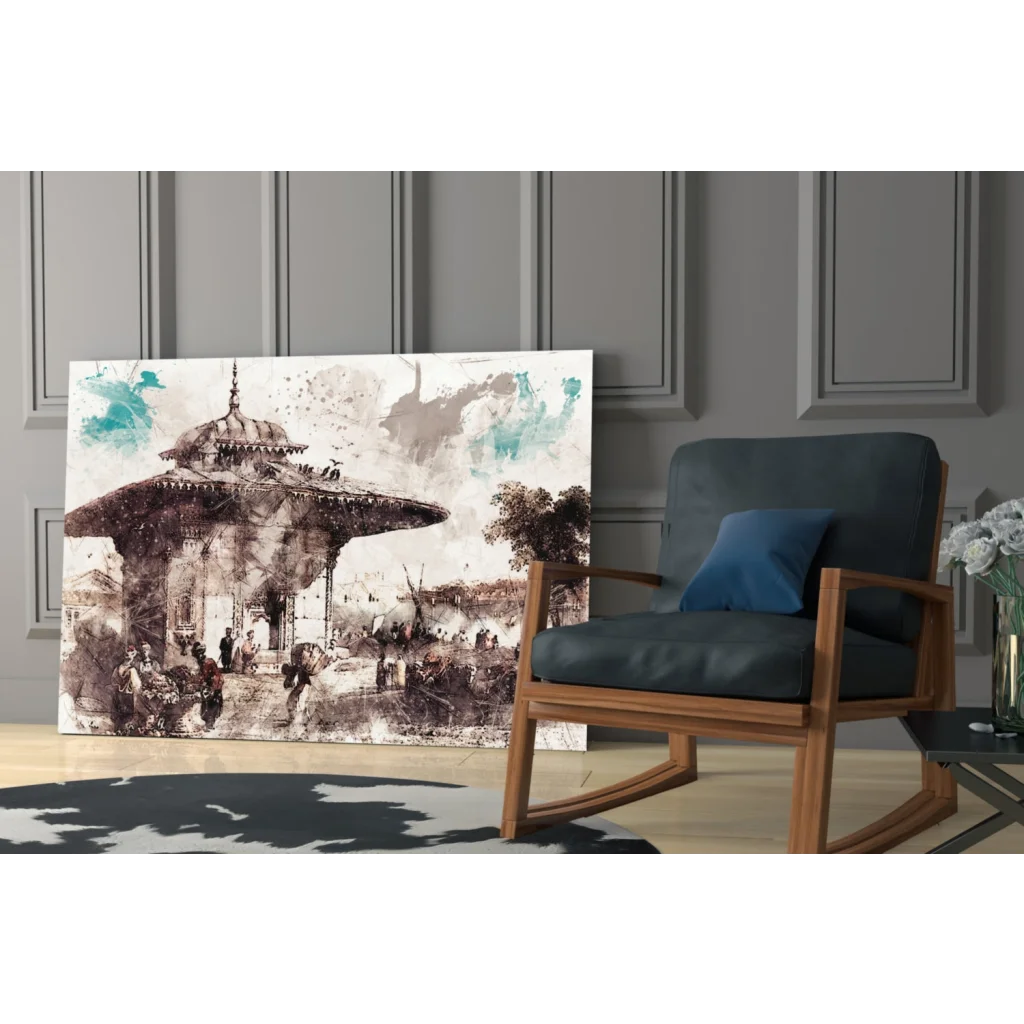 Sepia pavilion with teal splashes canvas wall art print