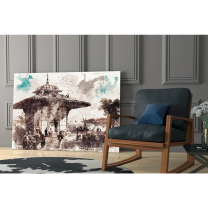 Sepia pavilion with teal splashes canvas wall art print