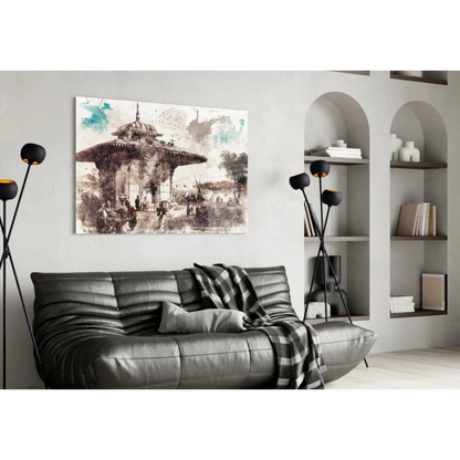 Black leather sofa with quilted texture and gray throw in teal splash pavilion wall art