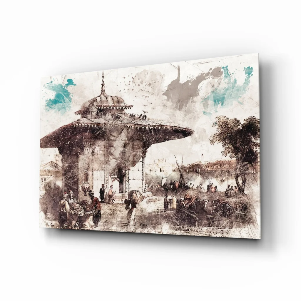 Sepia watercolor pavilion wall art print with teal splashes