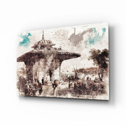 Sepia watercolor pavilion wall art print with teal splashes