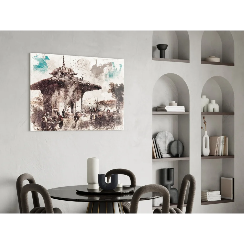 Teal splash pavilion watercolor wall art print in sepia tones