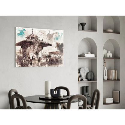Teal splash pavilion watercolor wall art print in sepia tones