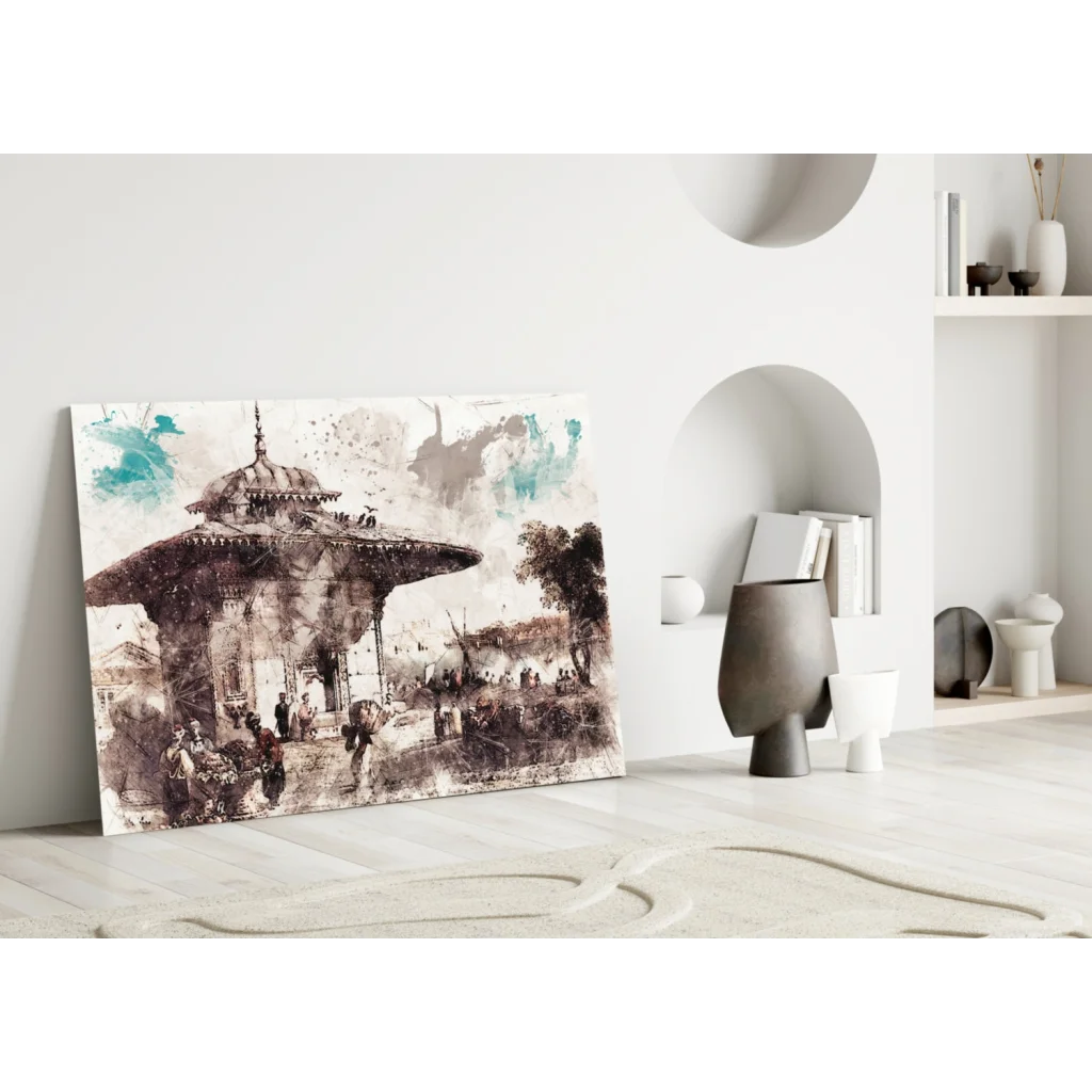 Teal splash pavilion canvas wall art print with ornate monochromatic design