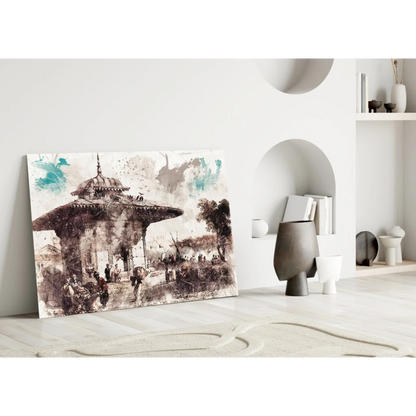 Teal splash pavilion canvas wall art print with ornate monochromatic design