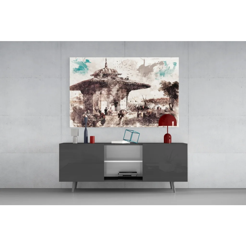 Teal Splash Pavilion sepia canvas wall art with watercolor accents