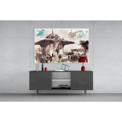 Teal Splash Pavilion sepia canvas wall art with watercolor accents